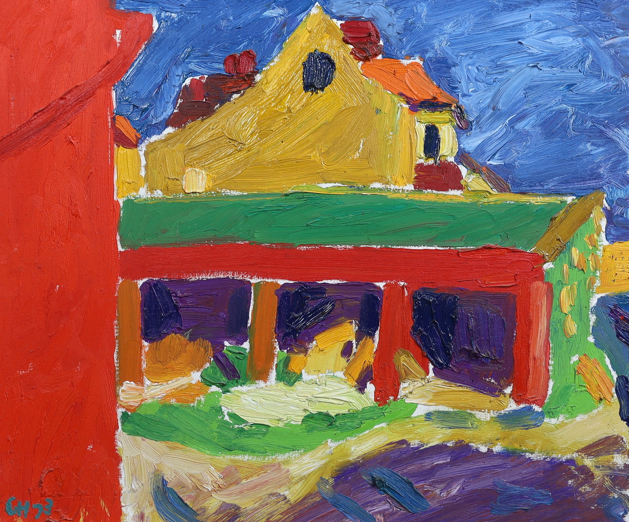 George Hooper (British, 1910-1994), House and barn, oil on canvas, 50 x 60cm